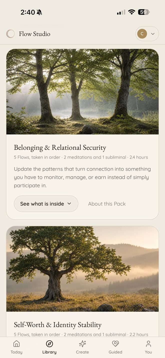 The app's library on a phone, listing packs of practices such as Belonging and Relational Security, each with a photograph, a length and a short description.
