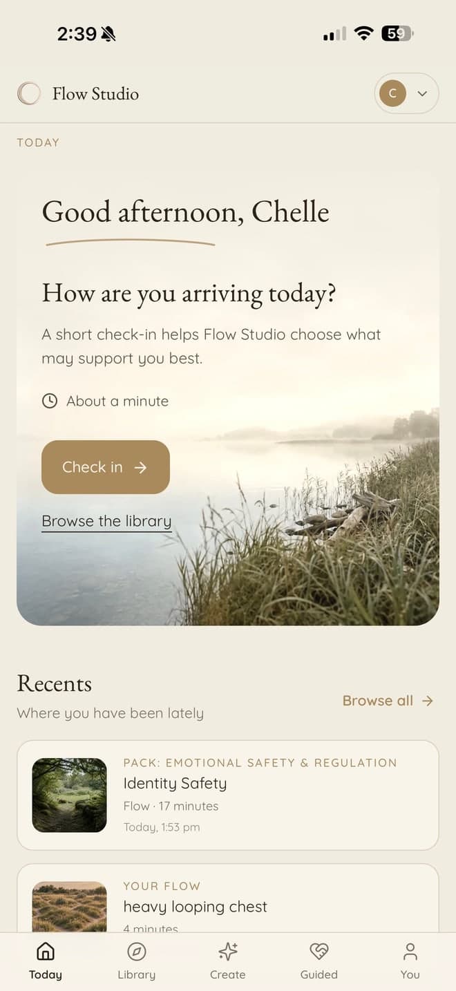 The app's Today screen on a phone, asking how are you arriving today over a photograph of mist on water, with a check-in button and a list of recent practices.